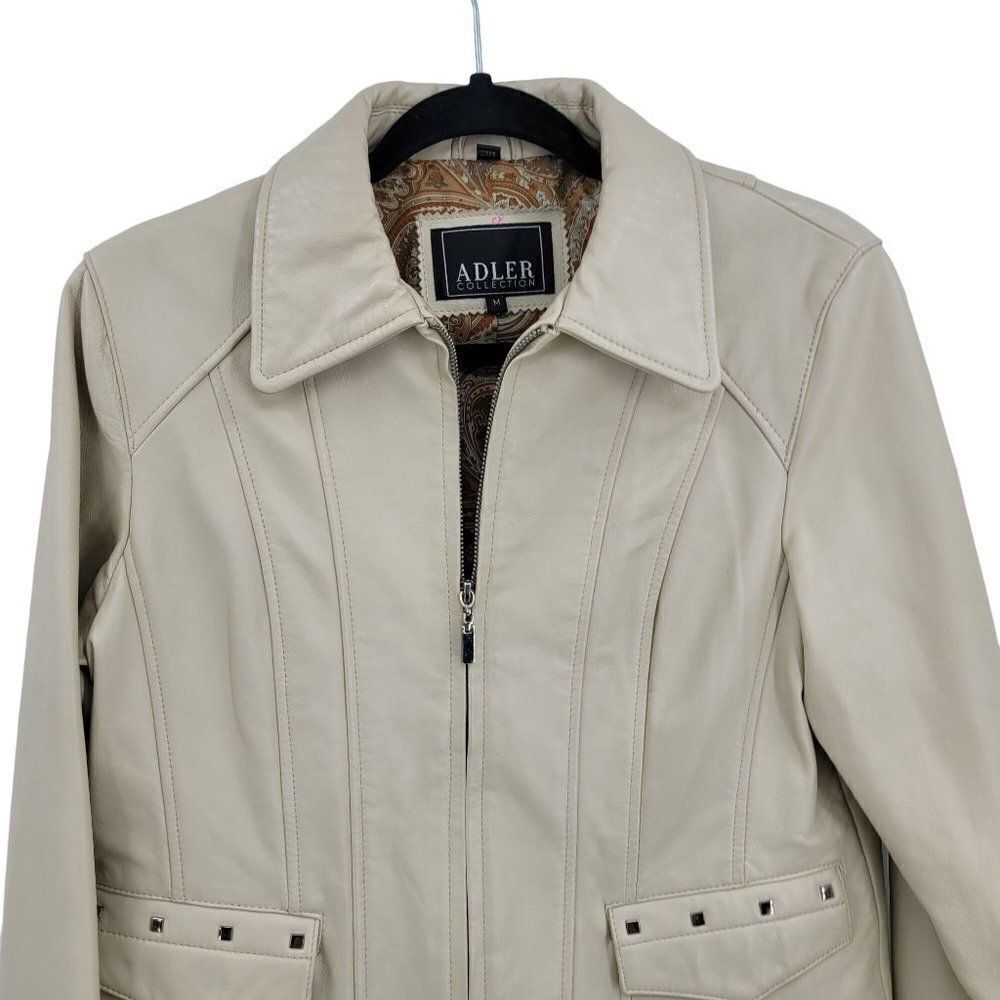 Adler Collection Lamb Skin Leather Moto Jacket M Cream Retro 70s Studded Zip - Picture 4 of 16